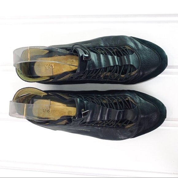 YOHJI YAMAMOTO Y-3 ADIDAS BLACK WHITE GOLD LEATHER SNEAKER ELASTIC STRIPES 6.5 - Picture 12 of 17